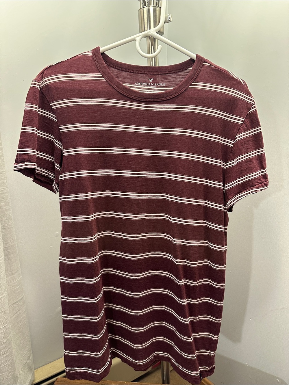 American Eagle Outfitters Maroon and White Striped Short-Sleeve Tee